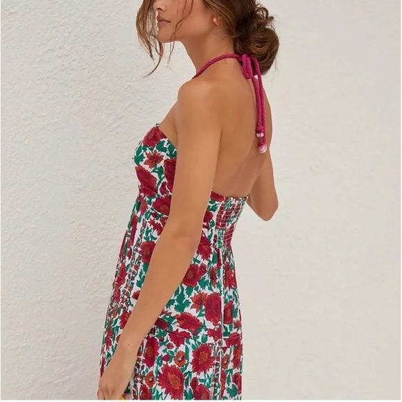 Anthropologie Red and White Smocked Halter Maxi Dress - Picture 3 of 8